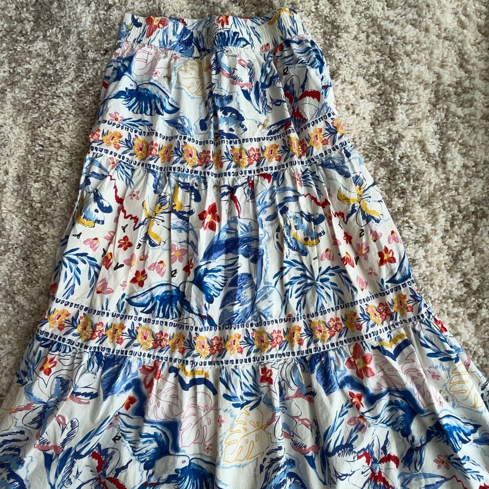 Hawaiian White Floral Tiered Skirt with Blue and Yellow Print